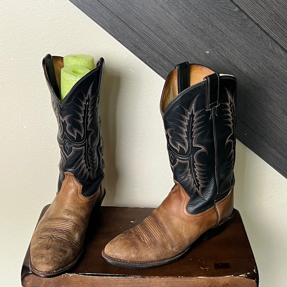 Tony Lama Men's Western Cowboy Boots Brown Black Leather Size 10D USA Made
